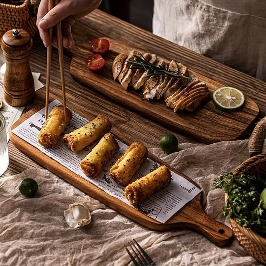 Wooden cutting board with handle, versatile kitchen accessory for serving, cheese, fruit, steak, and storing.