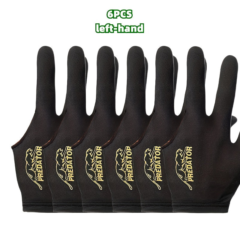 Set of 3/6 Black Three-Finger Billiard Gloves designed for the left hand, soft and comfortable with good breathability, suitable for snooker, eight-ball, and nine-ball.