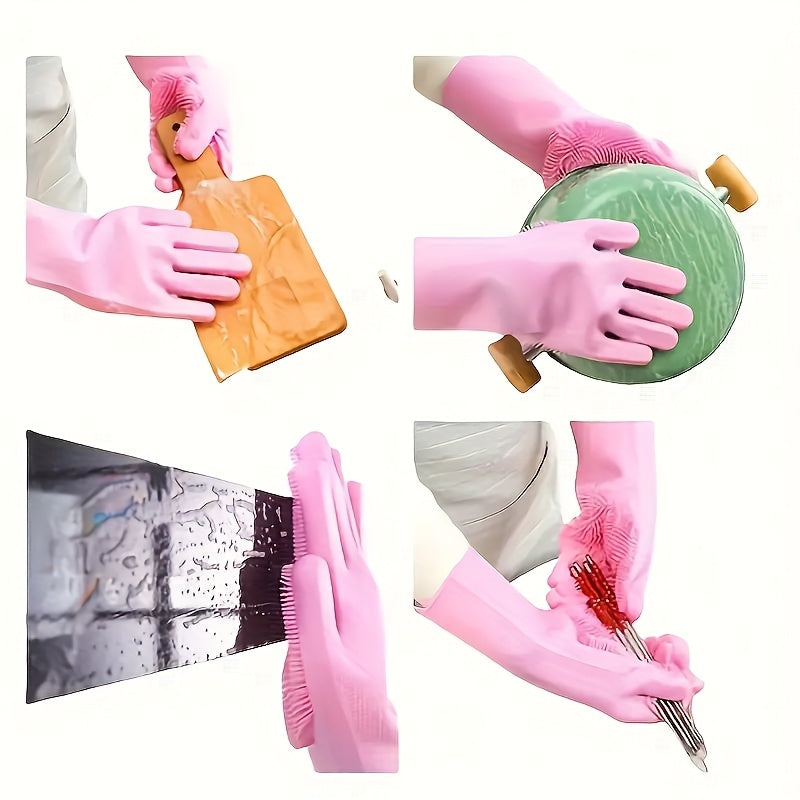 Get two durable and waterproof silicone dishwashing gloves in pink and blue colors. These ambidextrous gloves are BPA and lead-free, making them safe for use in the kitchen, bathroom, outdoors, and even in your car. They are wear-resistant and perfect