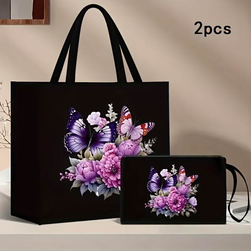 Chic handbag and wallet set featuring butterfly and floral print, durable shoulder strap, magnetic closure, and foldable design for shopping and travel.