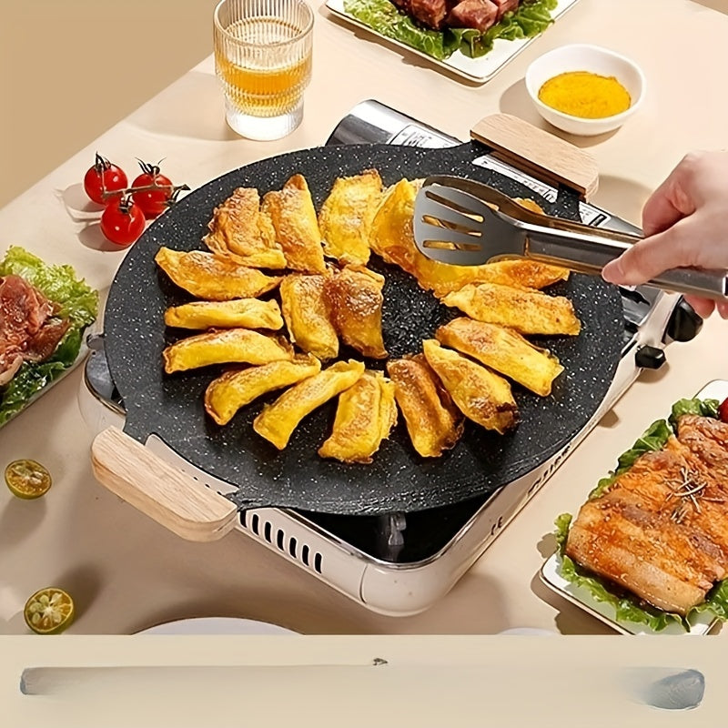 Round, non-stick Stainless Steel BBQ Grill Pan perfect for outdoor cooking and family gatherings - Multipurpose and adaptable.