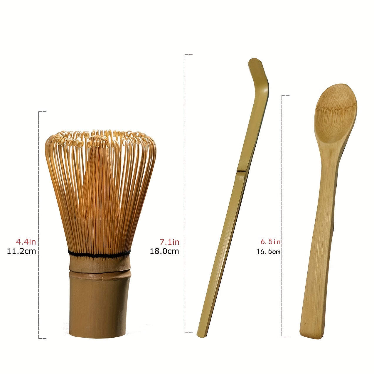 BambooWorx Tea Set includes 1 piece each of a Matcha Whisk, Traditional Spoon, and Teaspoon. This set is ideal for preparing traditional matcha cups and includes essential tea accessories.