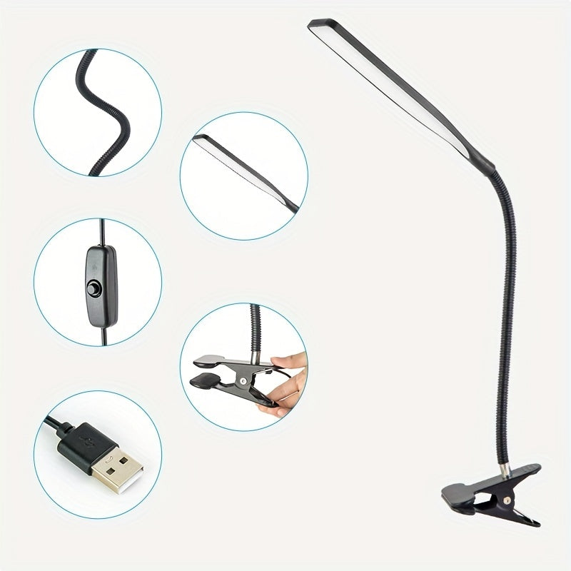 LED swing arm table lamp with clamp and flexible gooseneck design. Eye-caring architect desk light with USB power cord and switch. Functional desk lamp for home office in black or white