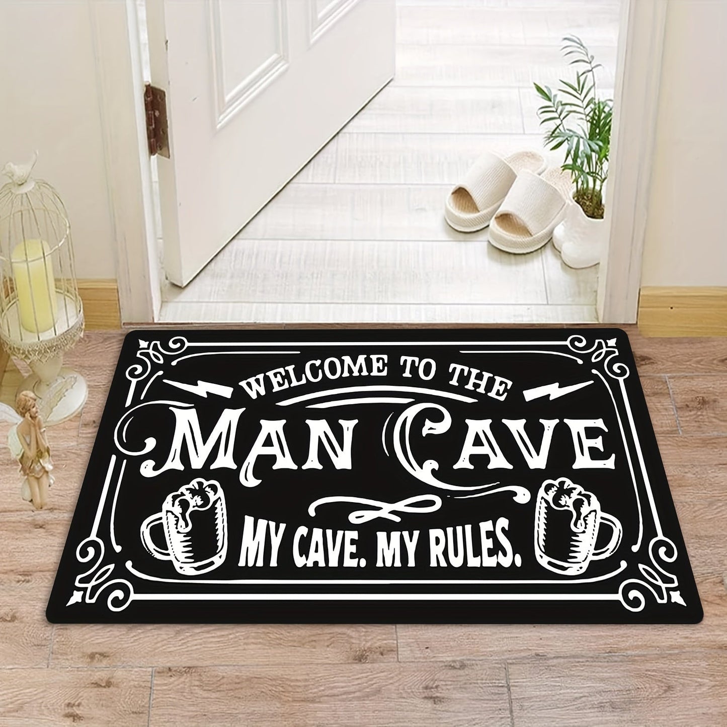 Rectangular "Welcome to the Man Cave" Door Mat - Perfect for Christmas, Halloween, Easter, Hanukkah, Thanksgiving Decor. Made of Polyester, Machine Washable, Non-Slip, Indoor Entrance Bath Rug - Ideal for Home Kitchen Decor. 1pc.