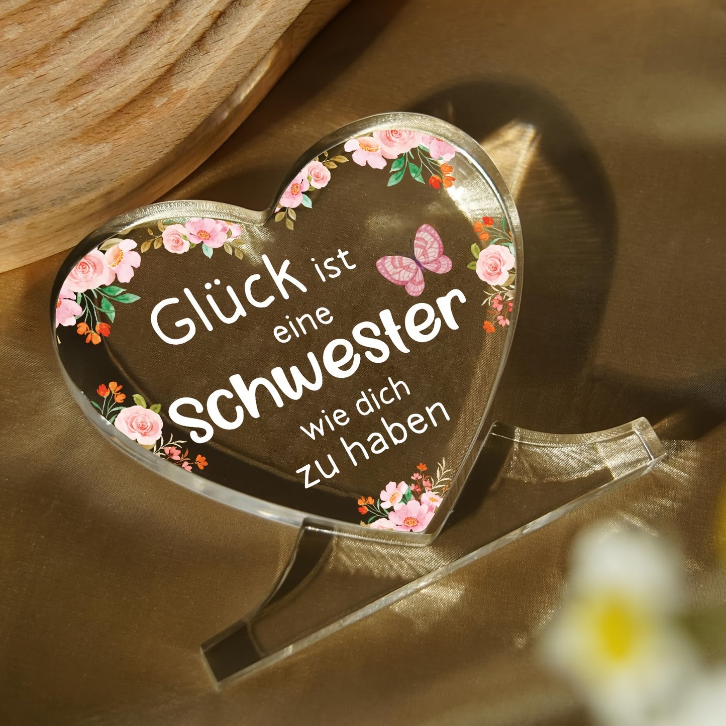 Heart shaped acrylic plaque decoration, personalized German gift for sister, suitable for office or bedroom, ideal for Thanksgiving, Christmas, or birthday.