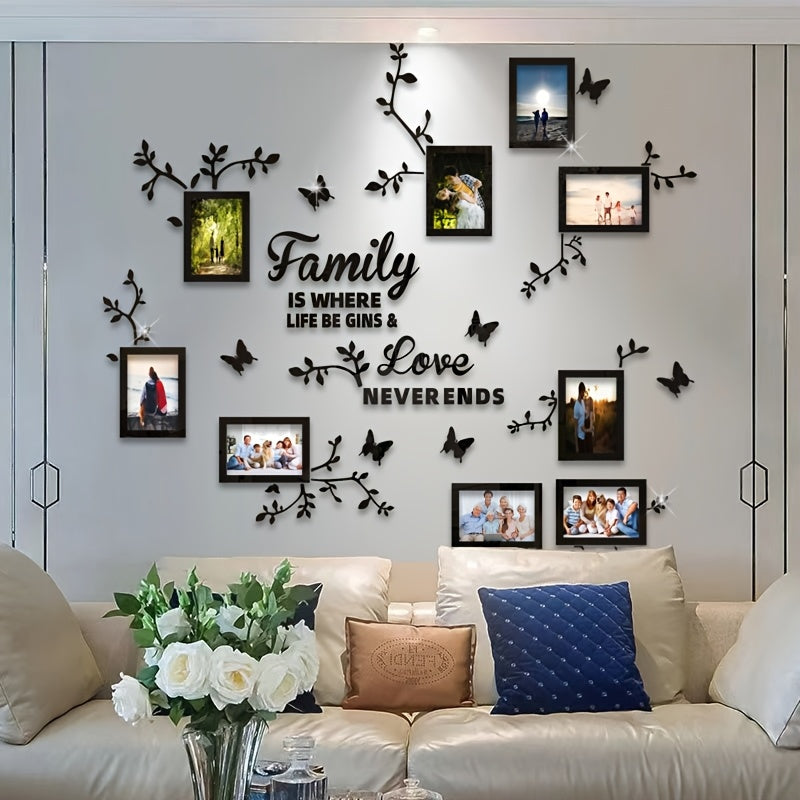 A puzzle sticker set with flower branches, butterflies, and 9 photo frames for DIY wall decoration in various spaces.