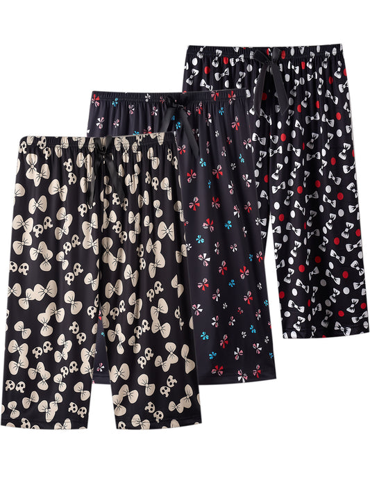 3pcs Women's Plus Size Boho Butterfly Print Capri Pants for Casual Sleepwear with Bow Decor Elastic Waistband