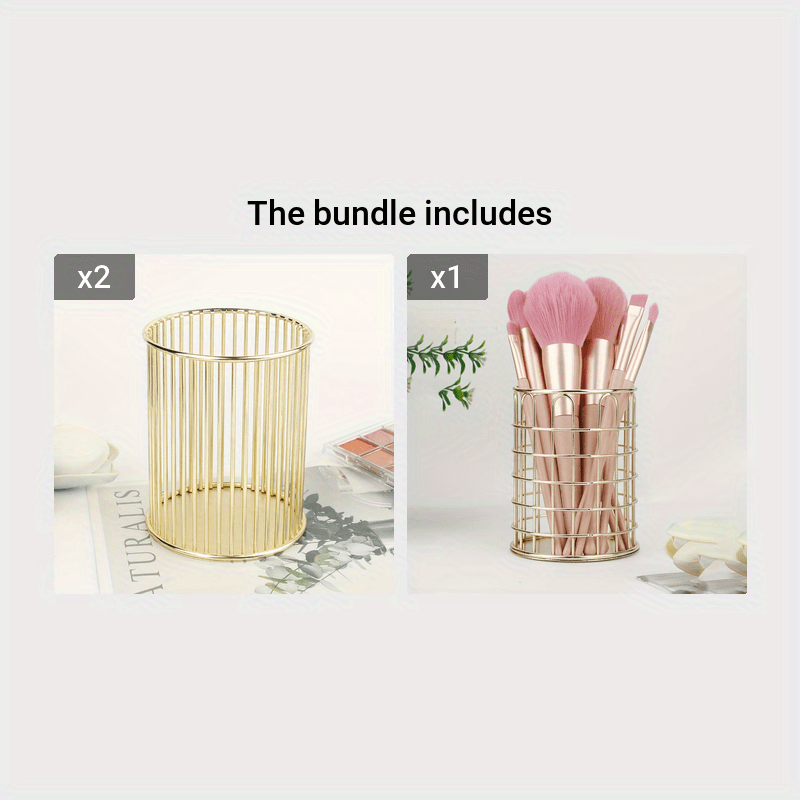 Golden Iron Makeup Brush Holder with Polished Finish, Rust Resistant, Multi-functional Desktop Organizer