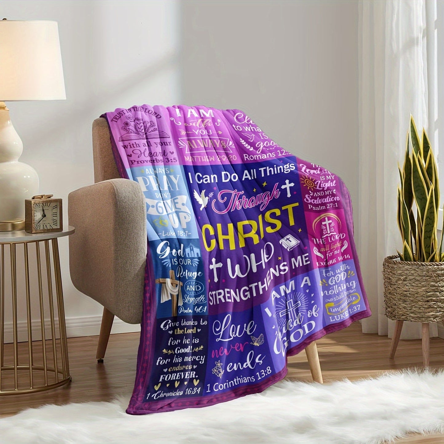 Explore our selection of Christian gifts for women with this inspirational religious blanket. Featuring a Bible verse prayer design on cozy flannel material, this Catholic spiritual faith blanket is super soft, healing, and perfect for use as a sofa