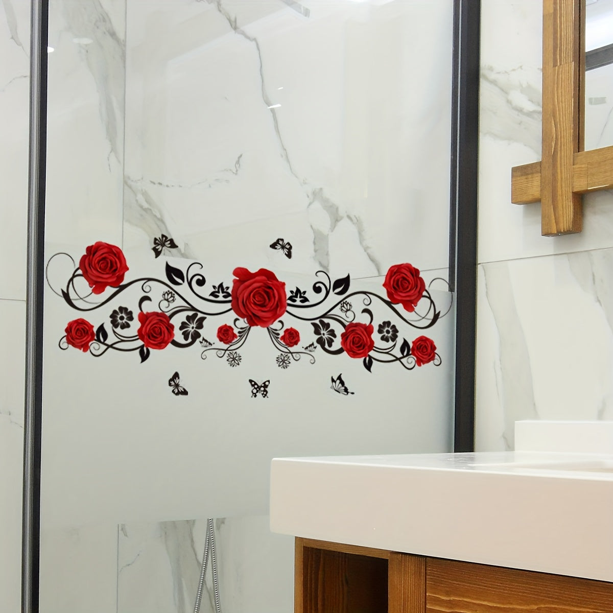 Set of two red rose vine butterfly bathtub stickers measuring 50*15cm, perfect for bathroom and home decoration. Ideal for summer.