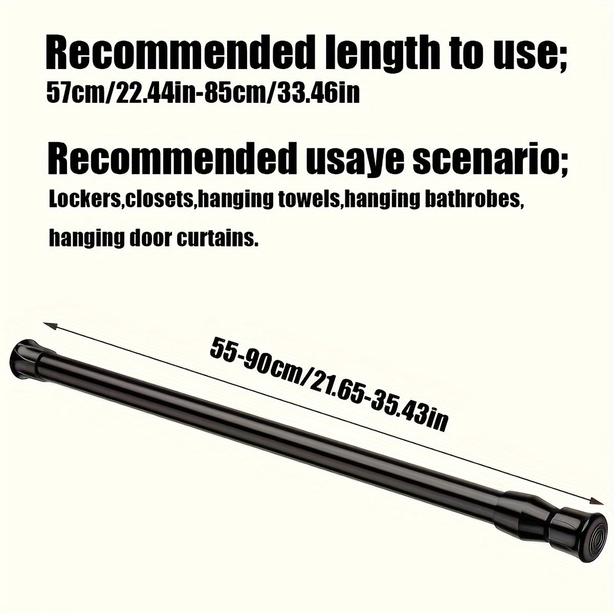 Easy-install telescopic rod with strong spring for shower curtains, door drapes, clothes hanging. Available in black, white, wood grain.