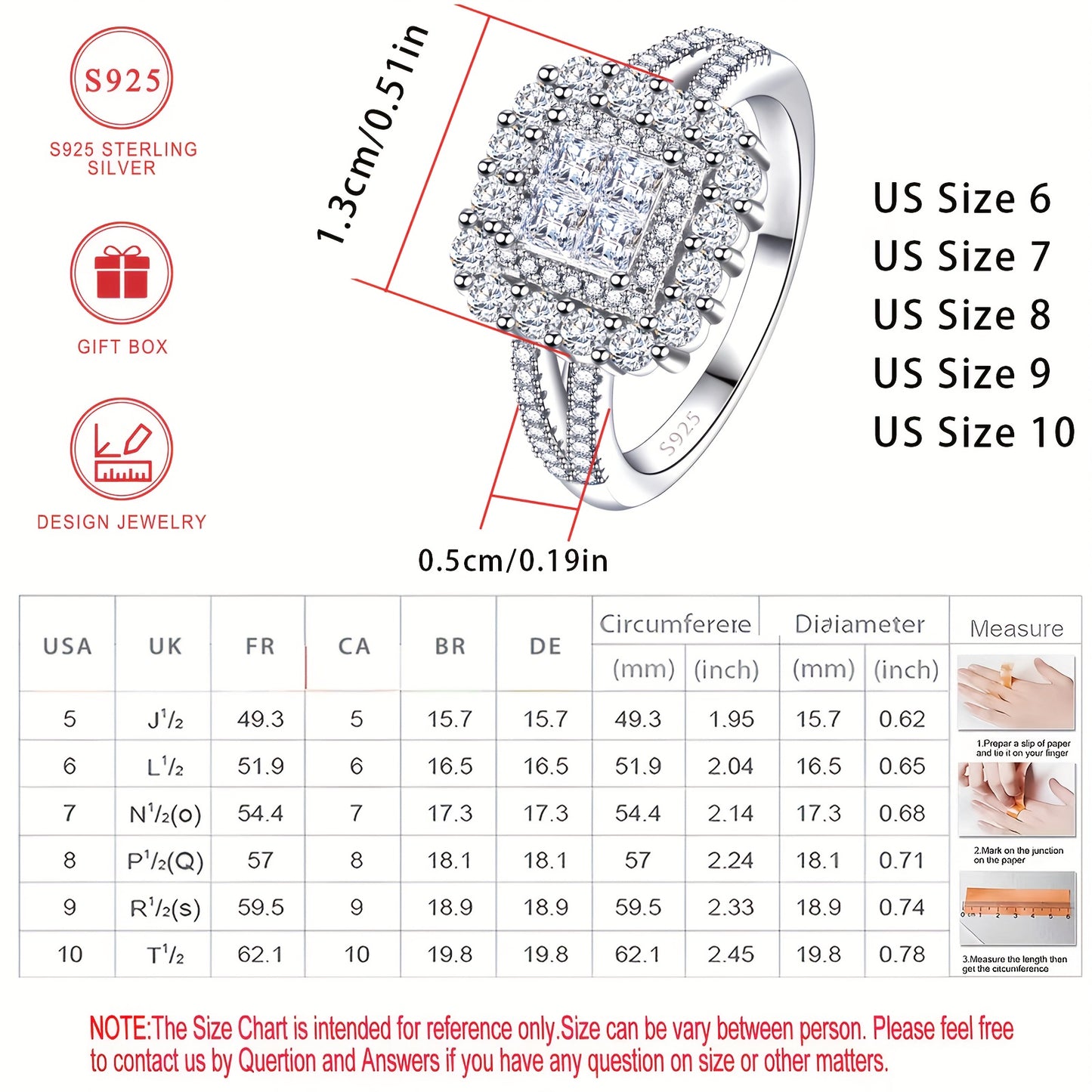 925 Sterling Silver Square Synthetic Zirconia Ring for Women, ideal for engagement, wedding, or everyday wear. High-quality jewelry with a gift box.