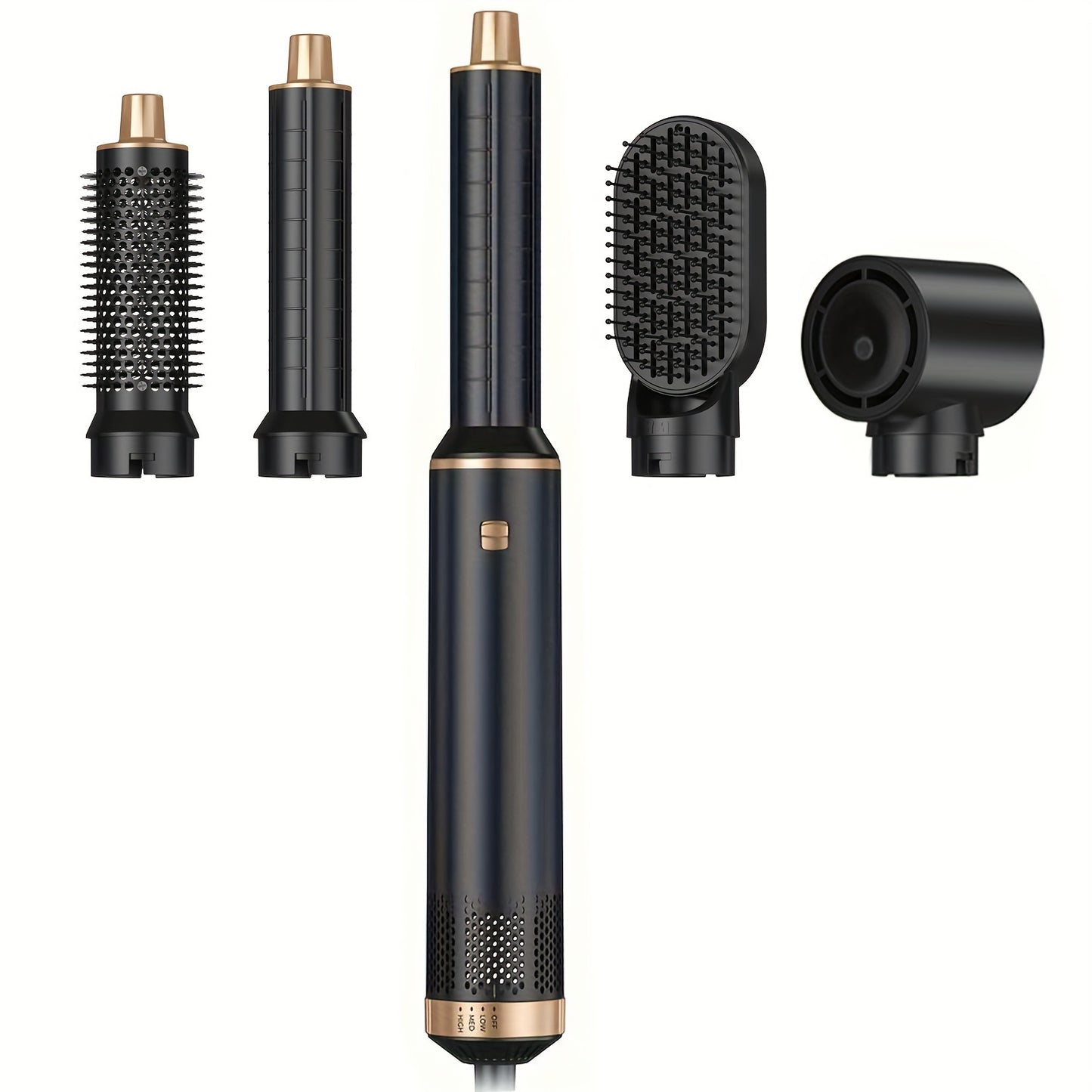 2024 updated 5-in-1 hot air brush with 800W power. Includes detachable hair dryer brush, diffuser, air curler wand, oval hair straightener brush, and hair dryer with nozzle. European