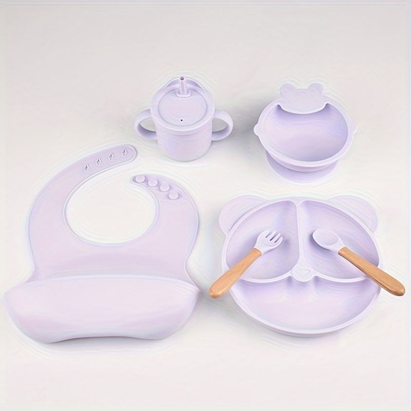 6 Piece BPA Free Silicone Baby Feeding Set for Toddlers - Includes Suction Plate, Bowl, Bib, Sippy Cup, Fork & Spoon - Food Grade Flatware for Ages 0-3 Years