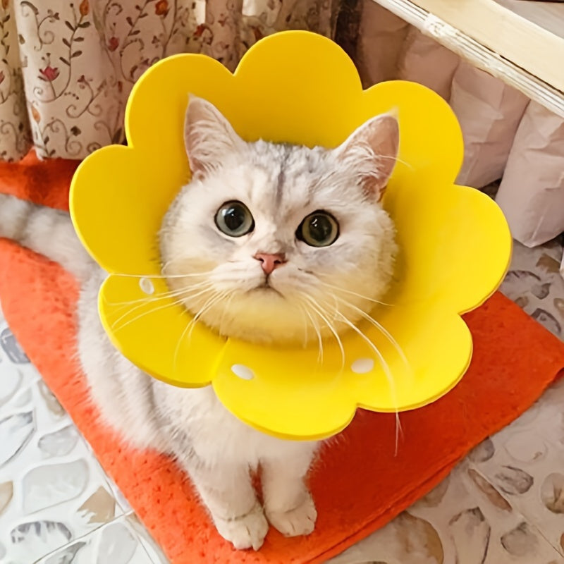 Sunflower-shaped cat recovery collar for post-surgery, adjustable Elizabeth collar for wound healing.