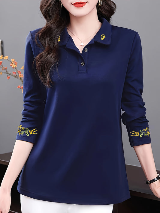 Women's stylish black long sleeve shirt with floral details - soft, comfortable, and breathable for casual wear in spring/fall.