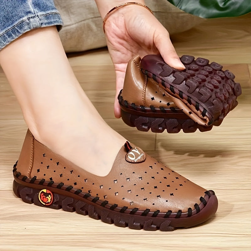 Handmade hollow out low top loafers for women, casual slip-on shoes with non-slip and breathable features.