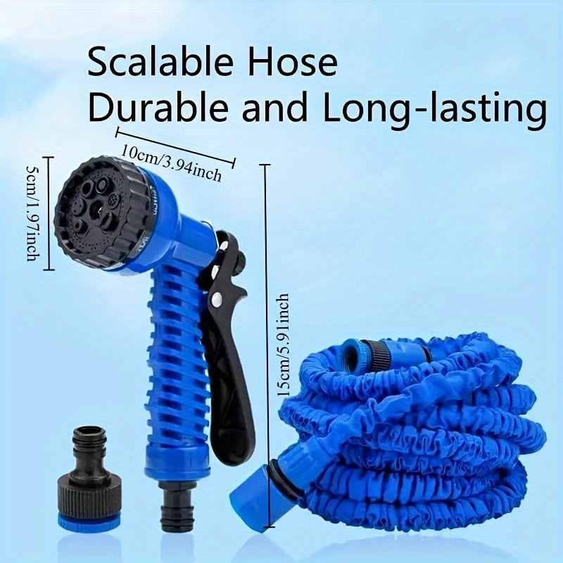 1 Set High-Pressure Garden Hose, Expandable 3X Soft Rubber with 7-Function Nozzle and Universal Connector. Options for 15.24/22.86/30.48/38.1 meters. Durable for Watering, Car Wash