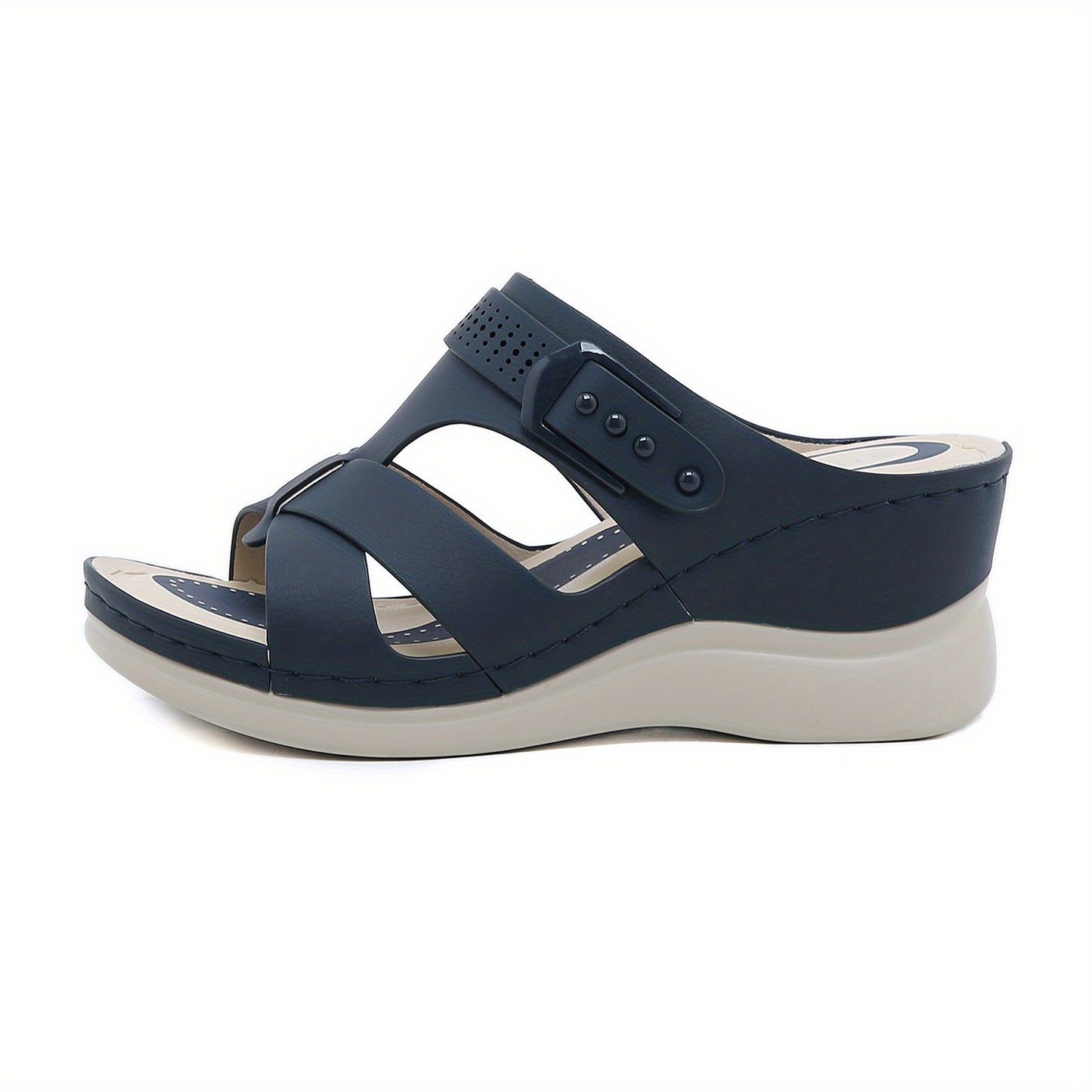 Women's wedge slide sandals with open toe cross strap, slip-on design for casual outdoor wear.