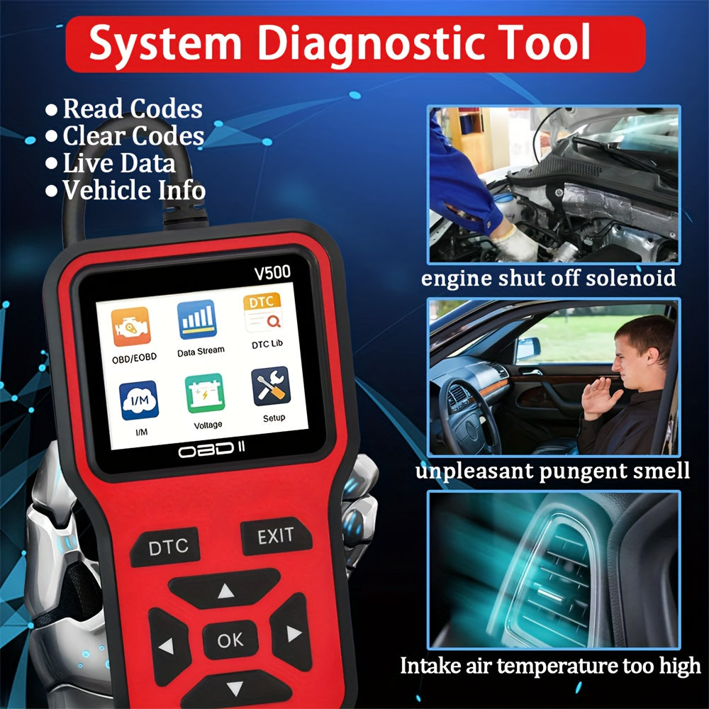 OBD2 Scanner V500 is a versatile diagnostic tool for cars, featuring a code reader, voltage tester, engine fault scanner, and charging tester. It is OBDII compatible and does not require