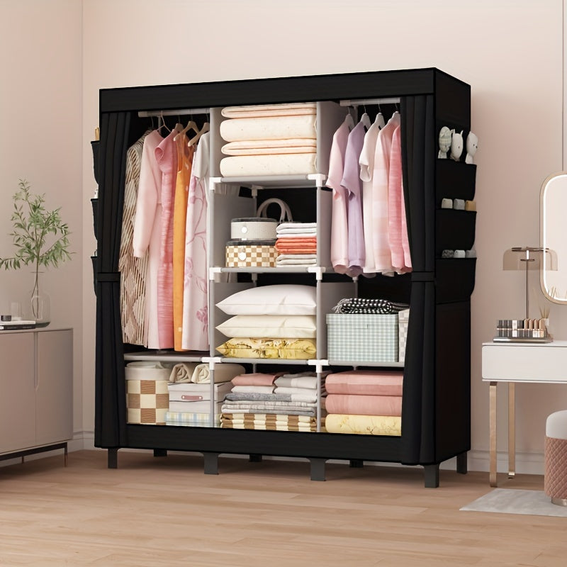 Introducing the OUMYJIA 1m3 Black Simple Fabric Wardrobe with Side Pockets! This versatile home storage organizer is a must-have for any living space. From hanging clothes to storing shoes, this multi-functional clothing rack is perfect for rent houses