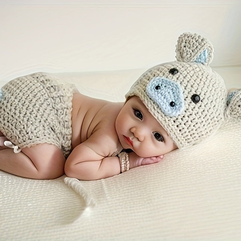 Cute handmade infant baby photography props - featuring adorable pigs hat and shorts suit outfit in a 2-piece set!