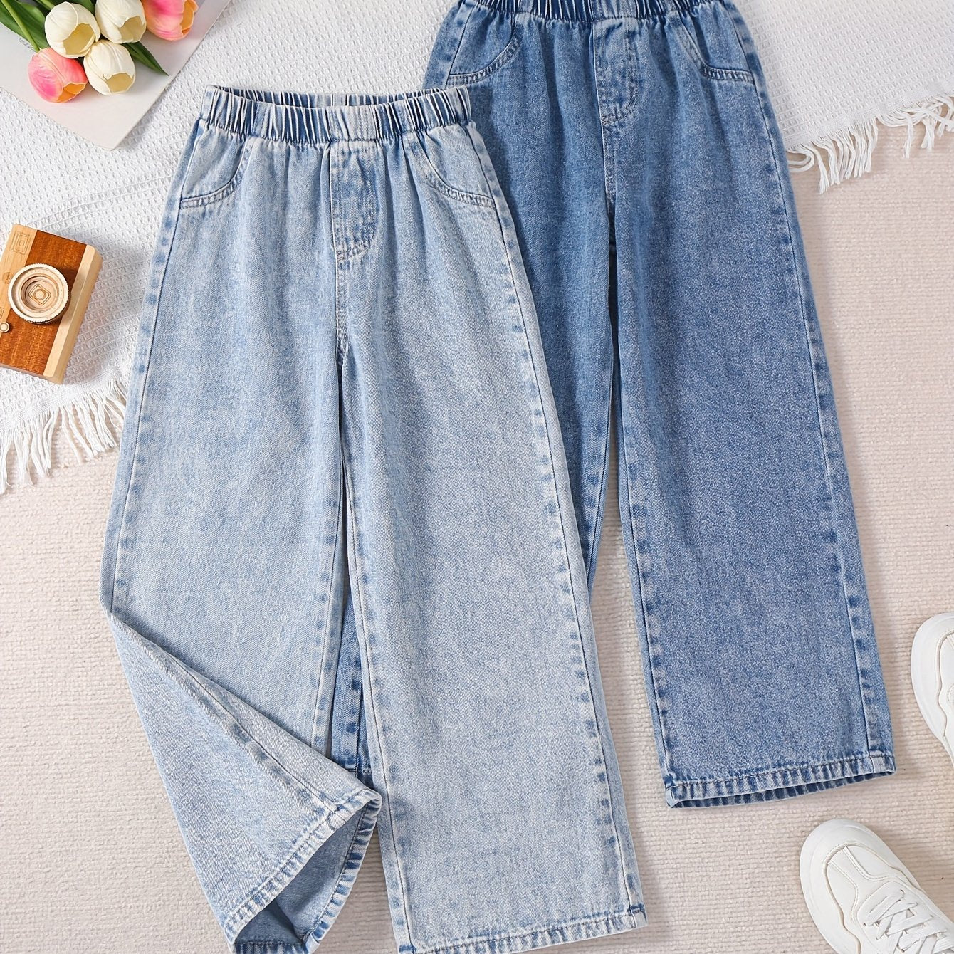 2-pack of girls' loose straight fit denim pants for all seasons