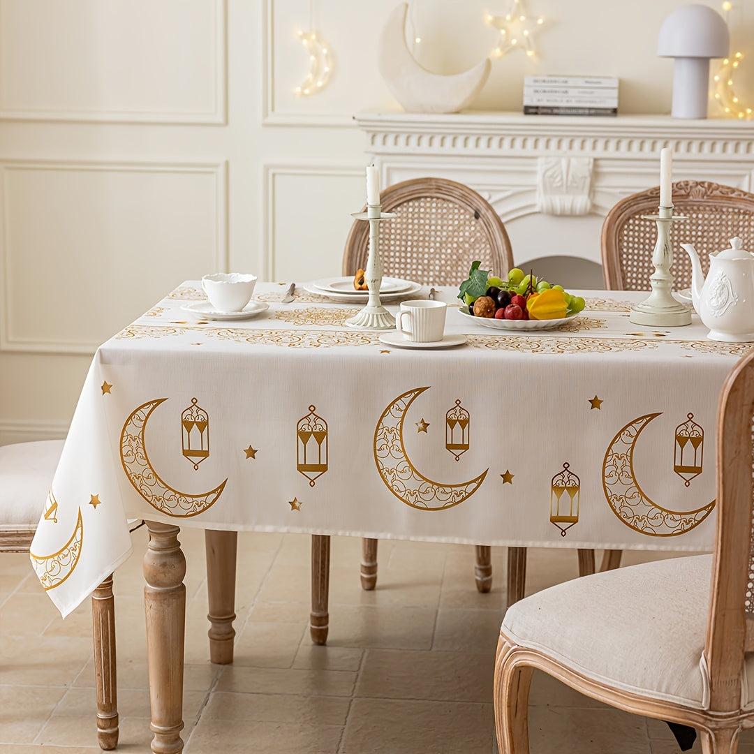 Bohemian Geometric Pattern Ramadan Eid Al-Fitr Tablecloth with Golden Moon and Star Design, made of 100% polyester, suitable for Iftar, parties, festivals, and gifting.