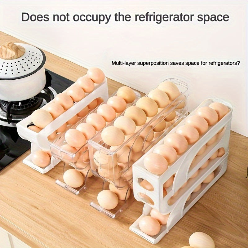 3/4-layer Refrigerator Egg Storage Rack with Sliding Roller Distributor - Keeps eggs fresh and safe with non-contact food safety material. Ideal for kitchen countertops.