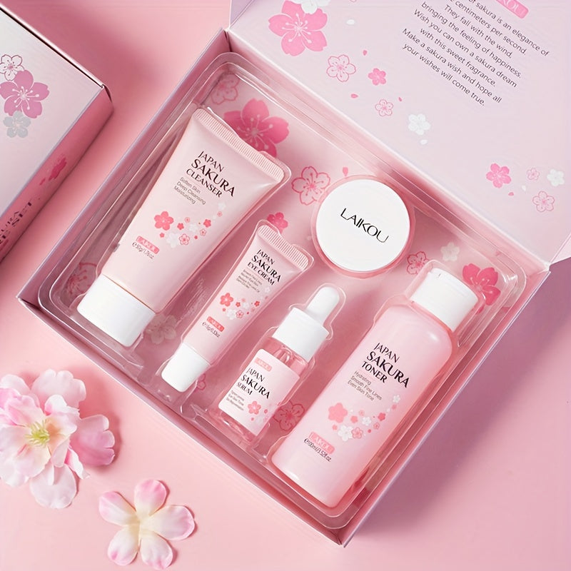 Sakura Skin Gift Set includes serum, cleanser, toner, eye cream, and face cream for daily skincare routine.