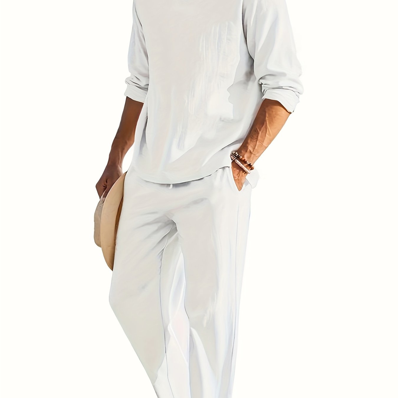 2024 European and American Men's Two-Piece Leisure Set with V-neck Commuting Suit and Solid Color Long Sleeve Trousers.