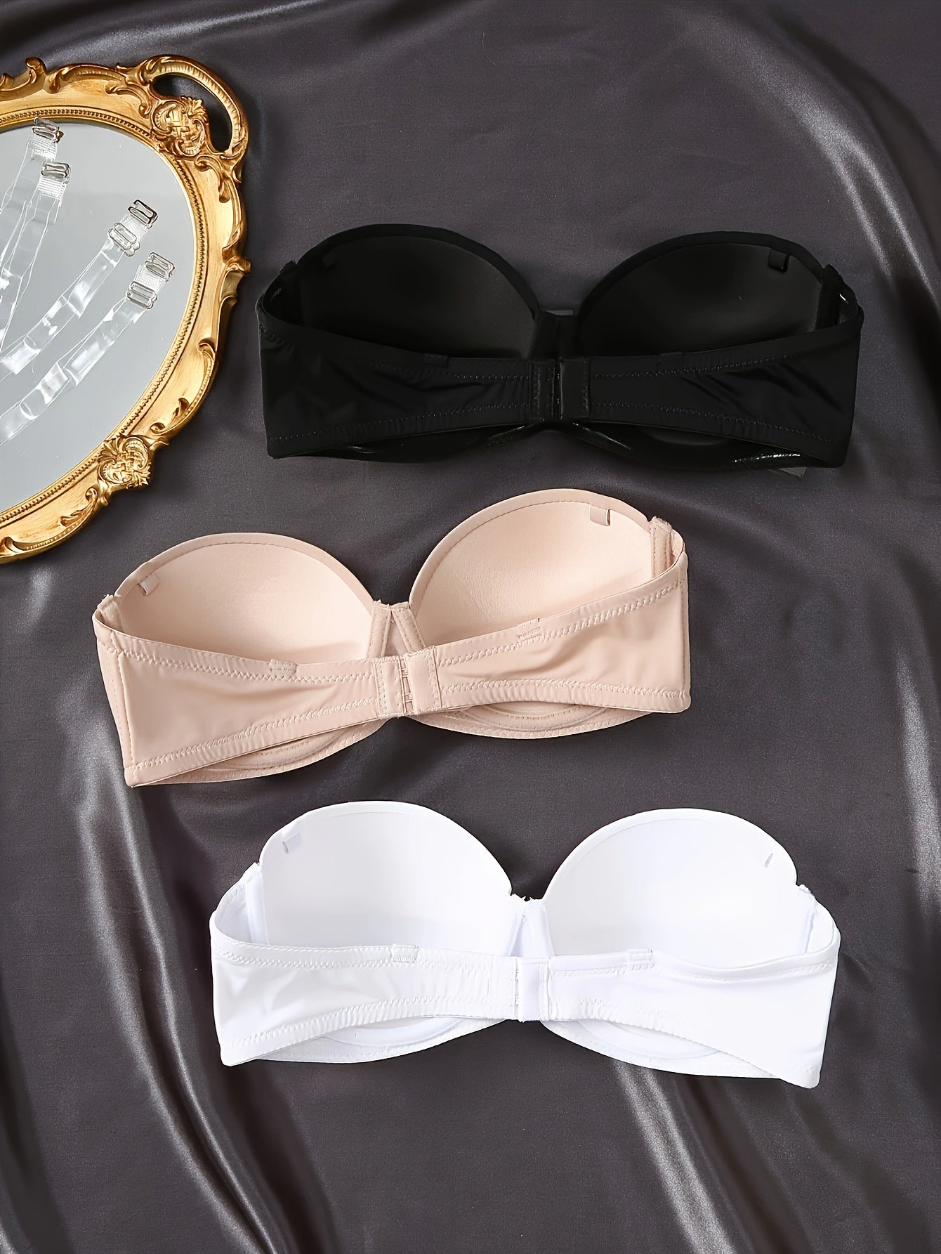 Solid strapless underwire bra set includes 3 pieces of sexy and comfortable push up lingerie for women.