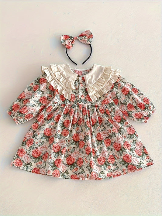 Floral cotton dress with matching headband for newborns to toddlers - long sleeve, ruffled collar, perfect spring/autumn outfit.