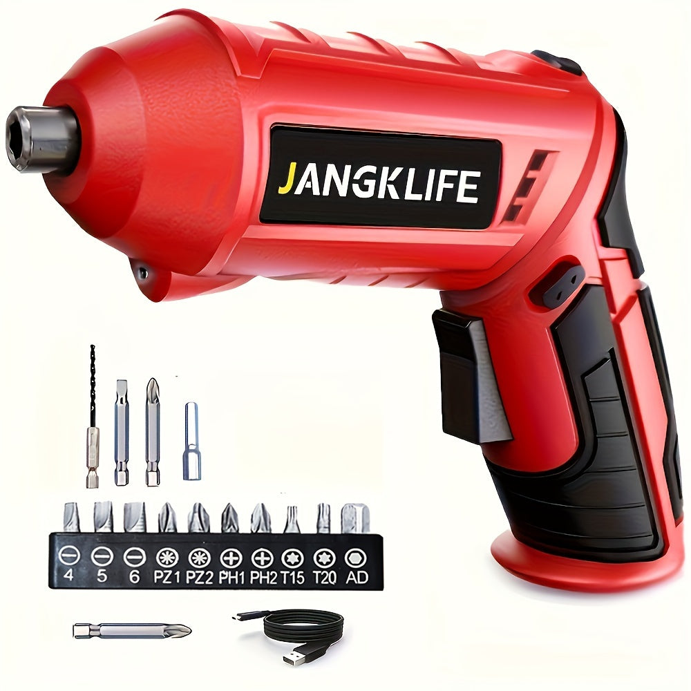 16-piece cordless electric screwdriver set with 90° rotatable power drill, rechargeable lithium battery, and LED light for home and office use.