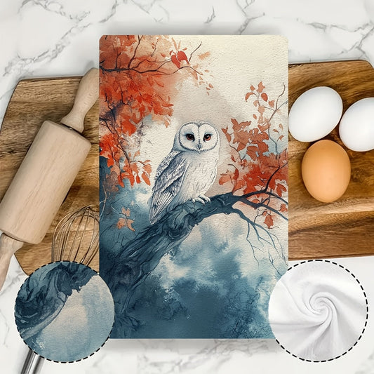 Two ultra soft kitchen towels featuring a serene owl and autumn scenery design. These highly absorbent and machine washable dish hand towels measure 40.64x60.96 cm. Perfect for holiday decor and daily use in the kitchen.