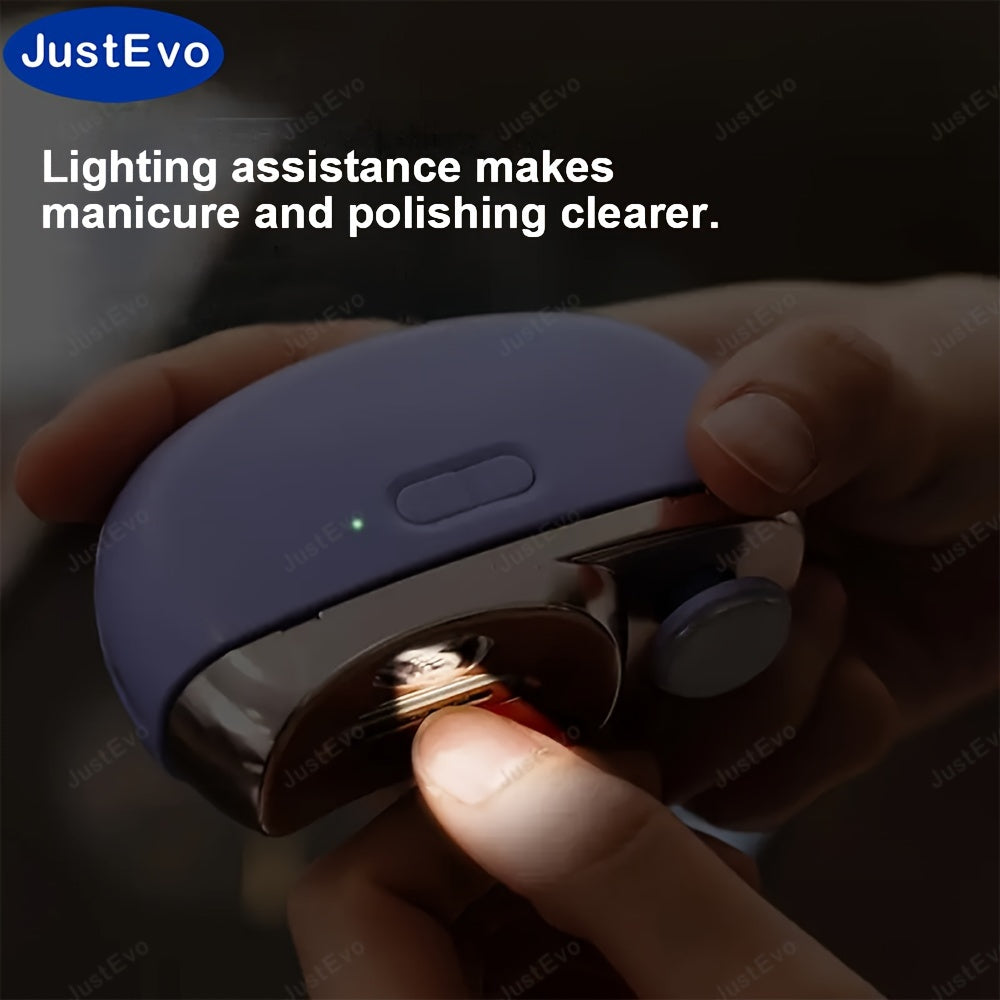 JUSTEVO Electric Nail Clipper is a USB rechargeable tool with a 400mAh lithium polymer battery. It is perfect for manicure, nail filing, polishing, and shaping. An ideal gift for friends