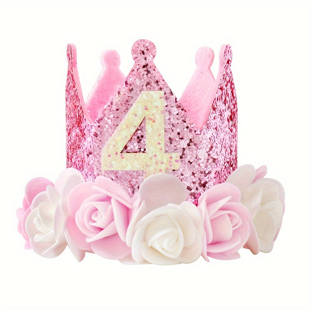 Pink and white flowered birthday crown hats for ages 1-5 with pink sequins.