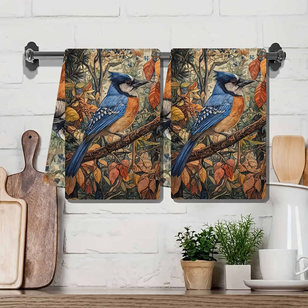 Set of 2 Coastal Style Kitchen Towels featuring a Super Absorbent Polyester Knit Fabric. Easy to clean with a machine washable design. These Contemporary Oblong Hand Towels showcase a Blue Jay Design, measuring 40.64x60.96 cm. Perfect for use as Dish