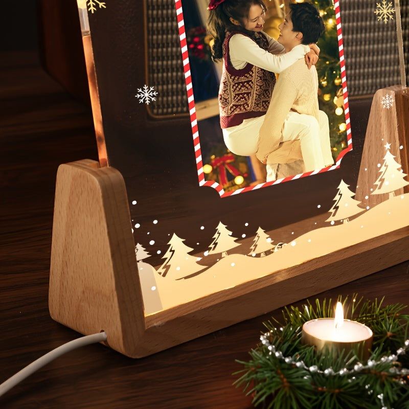 Elegant transparent acrylic photo frame featuring a glowing heart, perfect for Christmas, Valentine's Day, and anniversary gifts. Create your own personalized picture display stand with this DIY frame, ideal for showcasing youngsters' memories and