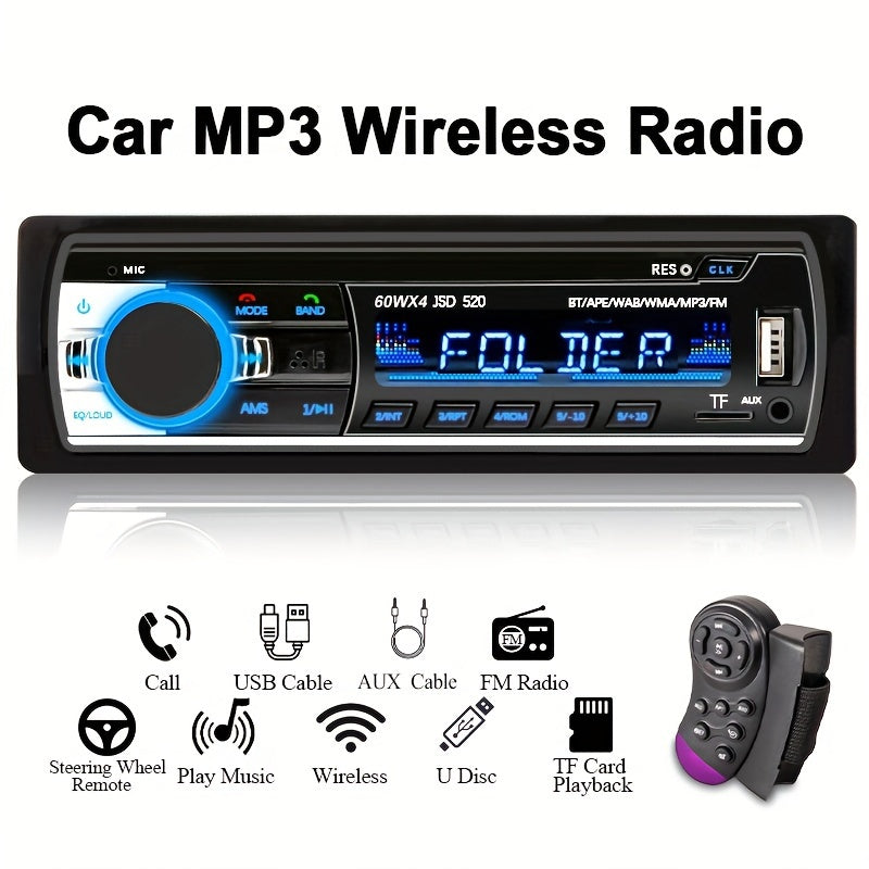 Universal car radio MP3 player with wireless FM, USB aux input, color display, voice navigation, and no battery needed.