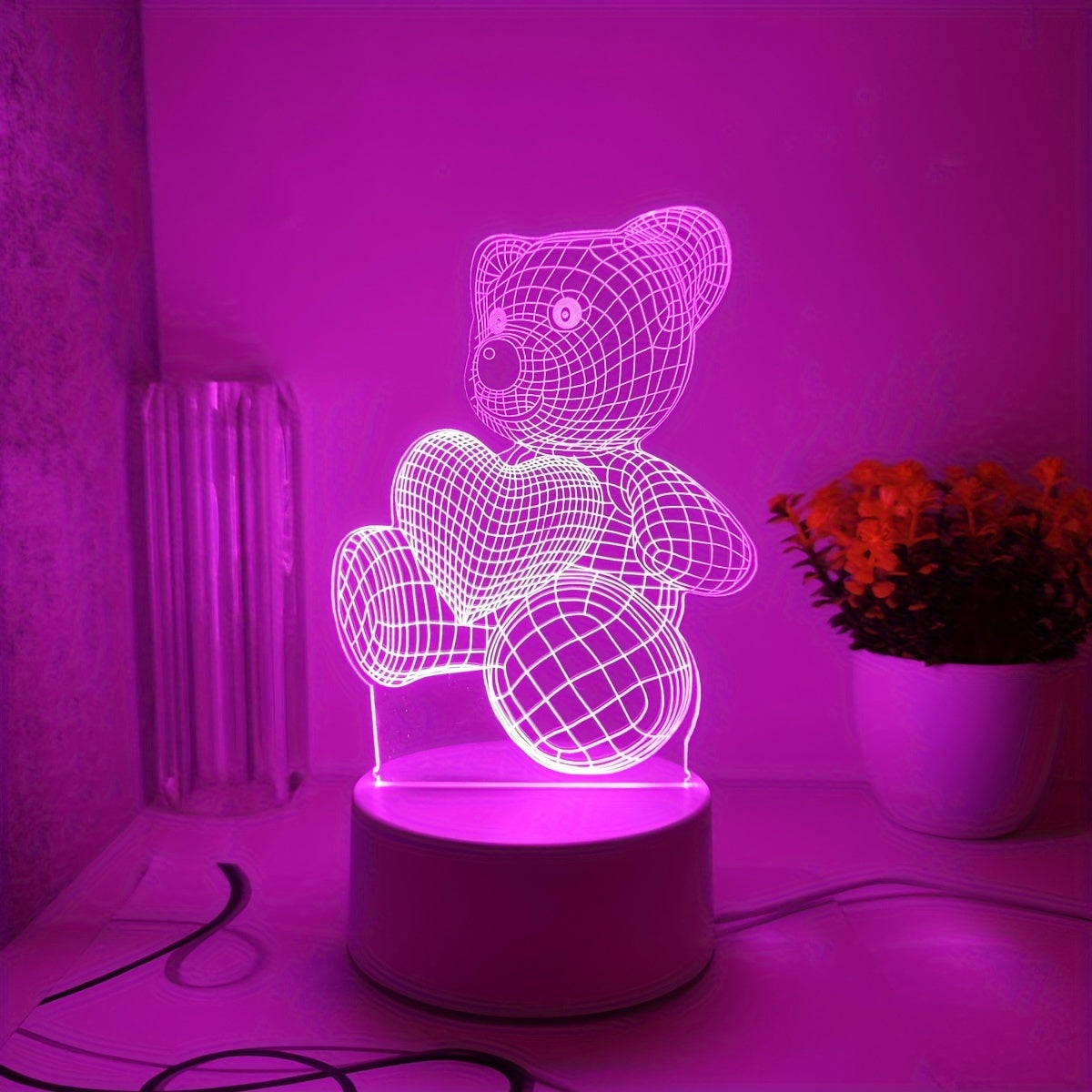 3D night light with pink heart bear design, USB powered, switch control, ideal for modern bedroom decor.