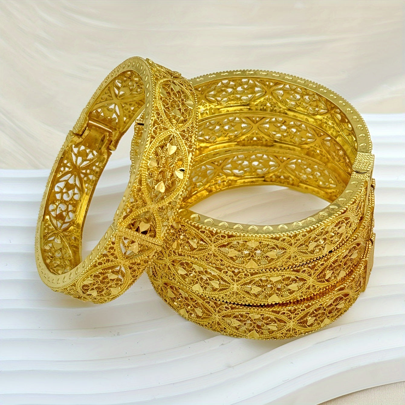 Set of 4 Luxurious Bracelets with 24K Gold Plating - Featuring Bohemian & Ethnic Heart Patterns, Perfect for Everyday or Special Occasions, Inspired by Middle Eastern Arabic Style, Makes a Romantic and Charming Gift