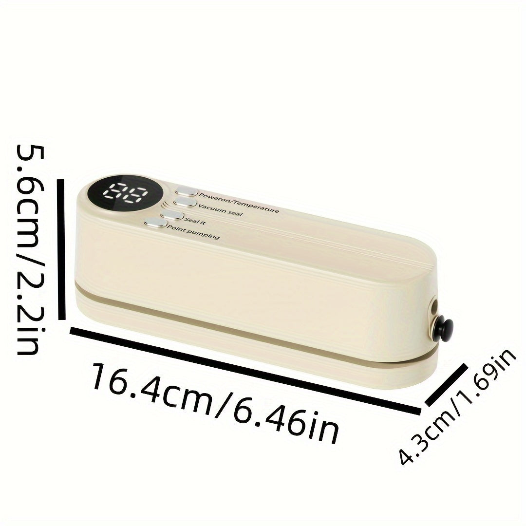 USB rechargeable vacuum sealer kit with digital display. Includes pump, airtight bags for food preservation. Ideal for snacks, meat, fruits, vegetables. Space-saving design, 36V power.