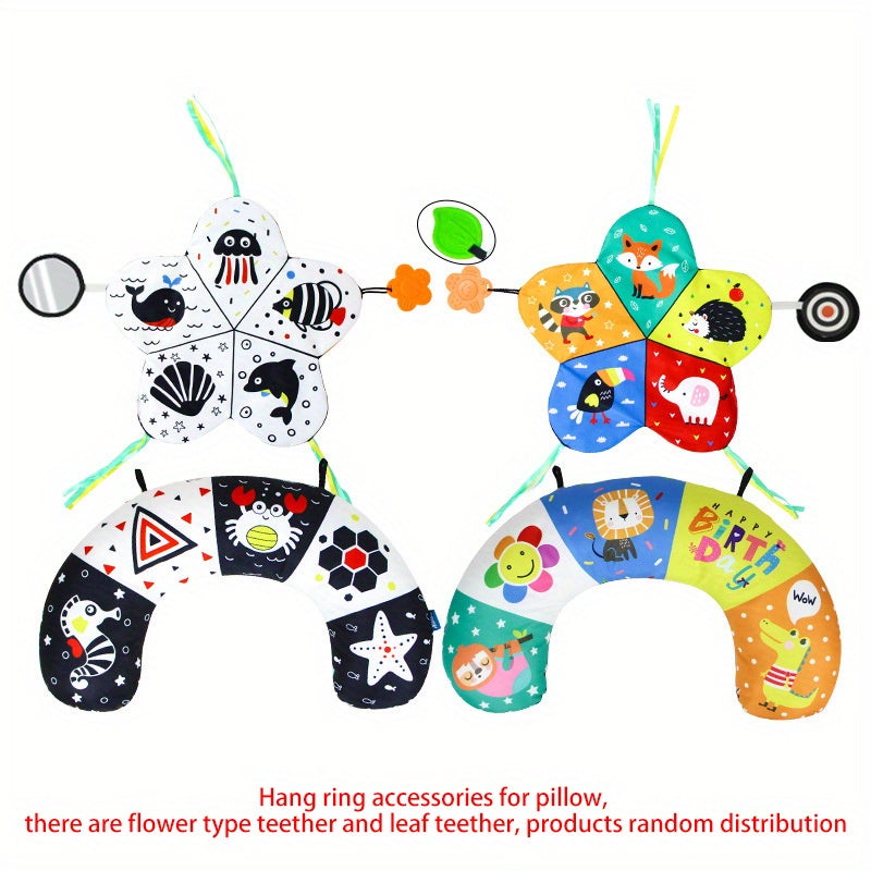 CEKCEK Tummy Time Pillow is a U-shaped head-lifting training cushion designed for young children aged 0-3 years old. This plush animal and shape themed play mat comes with a polyester cover and attached music streamers for added sensory stimulation.