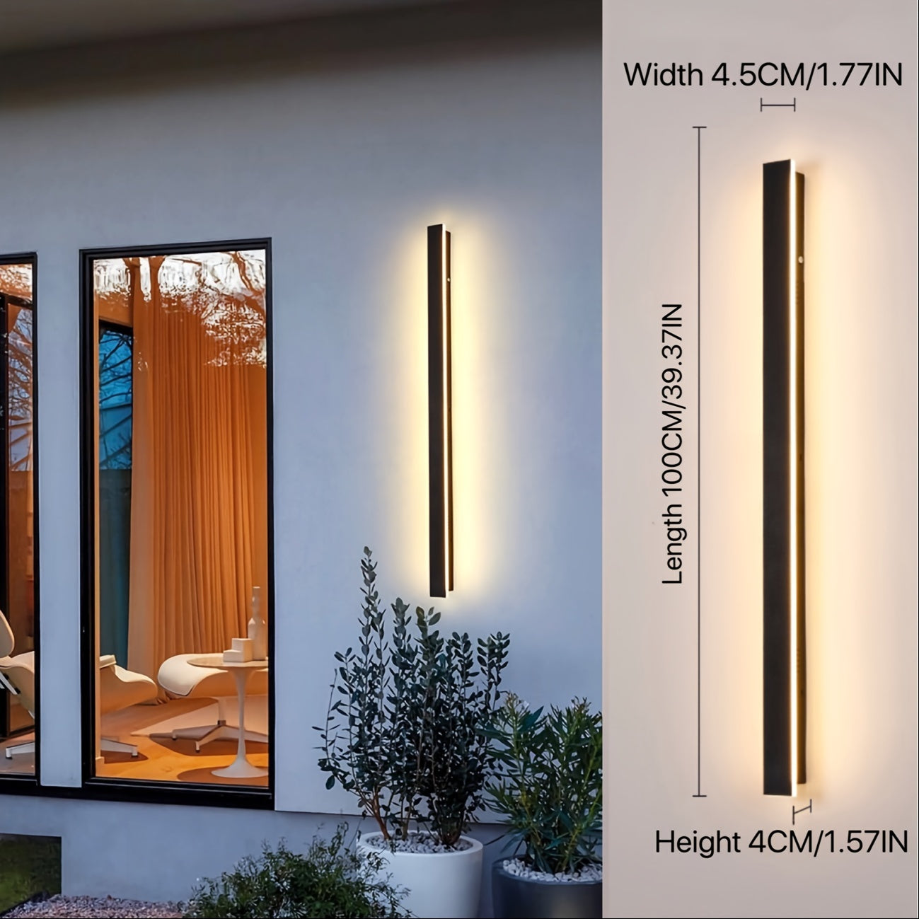 Modern indoor/outdoor 20W LED wall light in warm light, 100.0 cm long, black, suitable for living rooms, porches, garage doors, and yards.