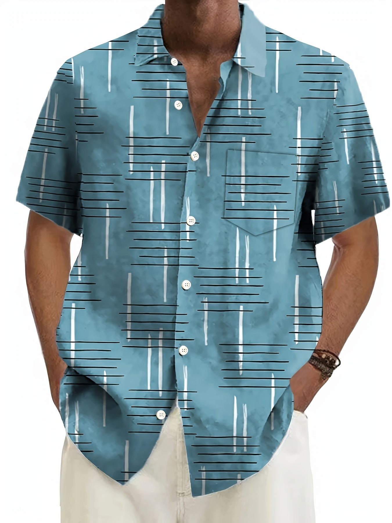 Men's plus size short sleeve shirt with geometric 3D line print, button-up collared design, chest pocket. Lightweight polyester, ideal for summer. Plus size.