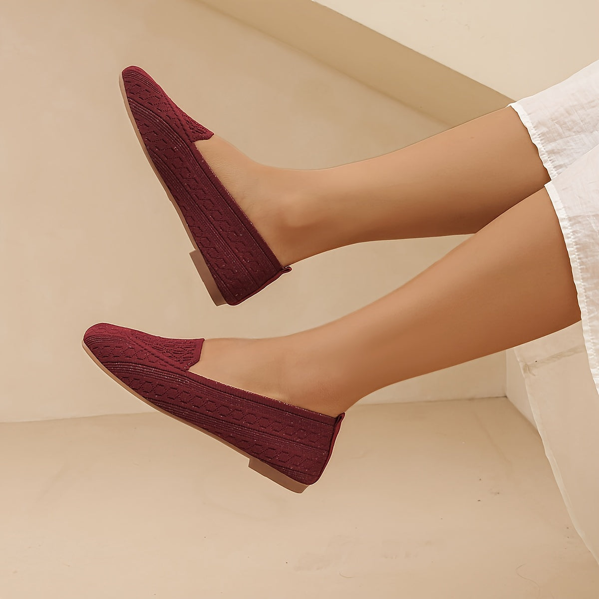 Breathable knit slip-on loafers with square toe, perfect for casual wear.