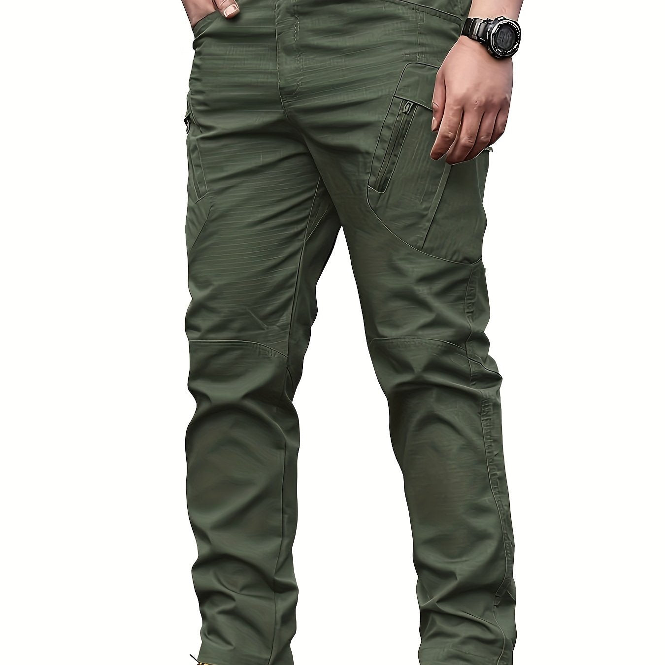 Men's tactical pants with multiple pockets, machine washable polyester, suitable for all seasons.