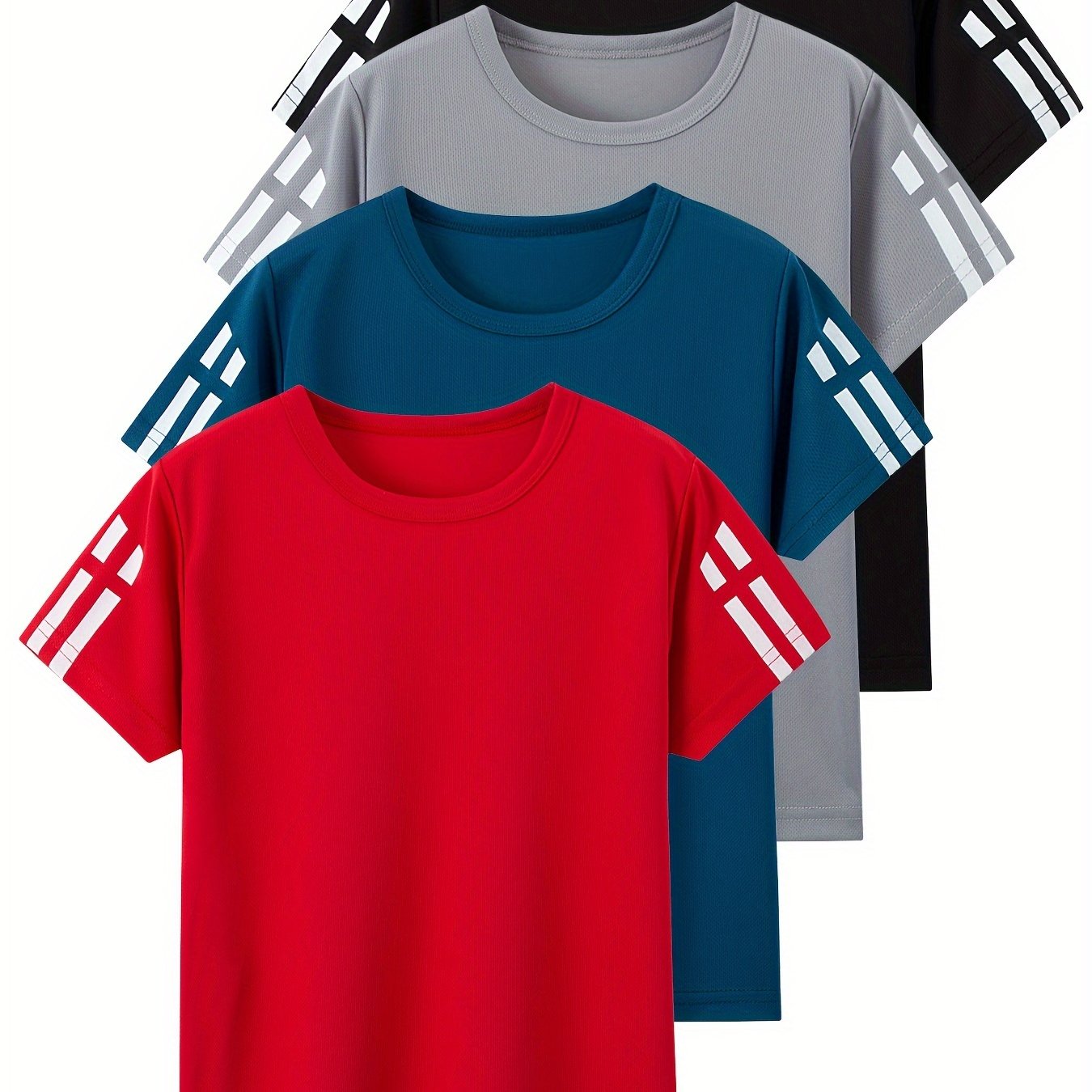 4-piece Boys Summer Sports Tee, Mesh Quick Dry Athletic Short Sleeve T-Shirt