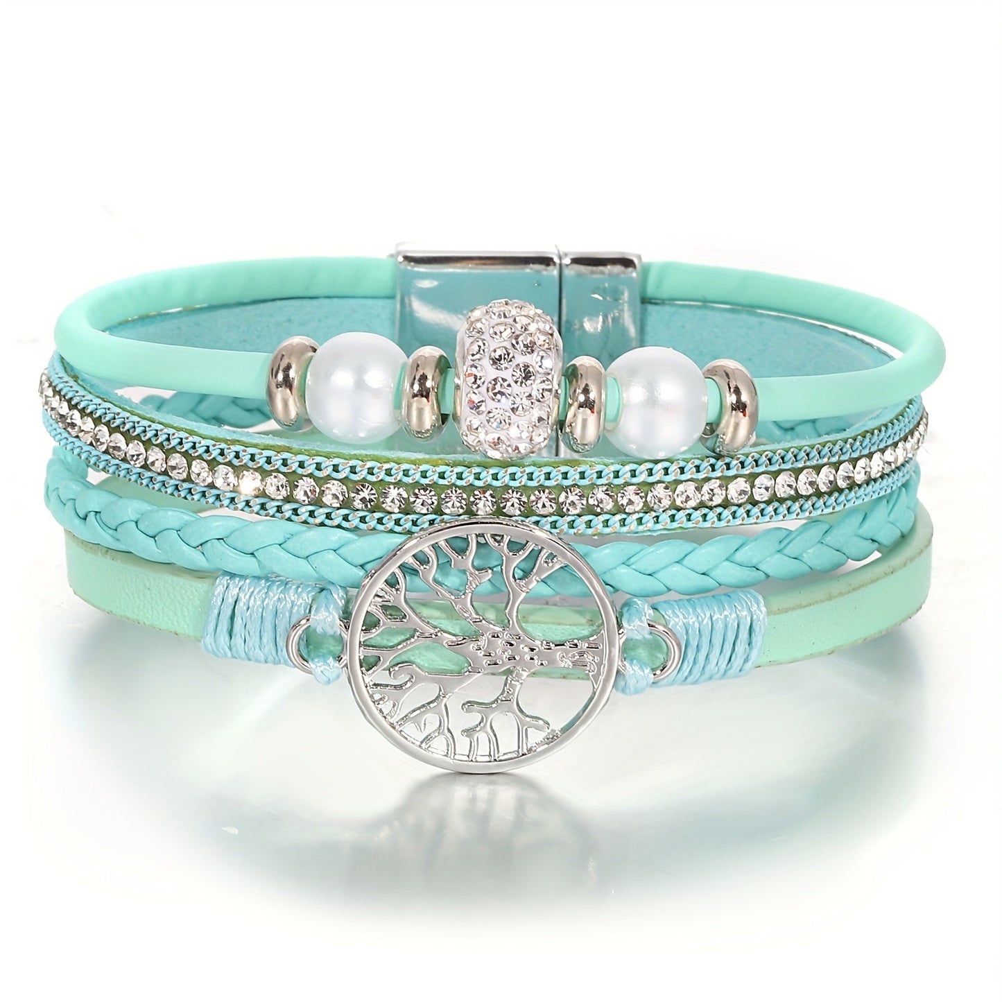 Chic Multi-Layer Faux Leather Wristband with Tree of Life Charm and Sparkling Rhinestones, Perfect for Everyday Wear or as a Thoughtful Birthday/Friendship Gift - Set of One